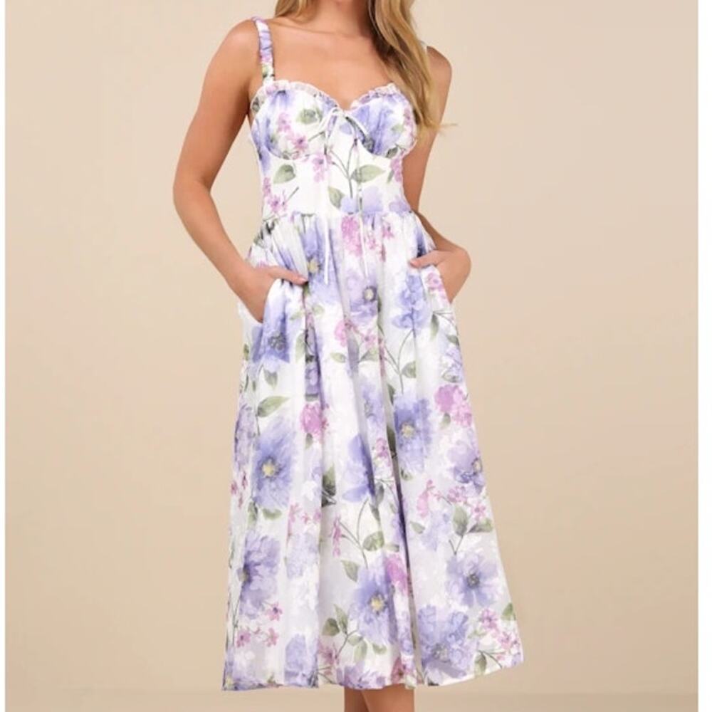 Lulus NWOT Hillela Ivory Purple Floral Ruffled Lace-Up Sweetheart Skater Dress